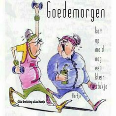 an image of two people running with the words goedemorgen on them