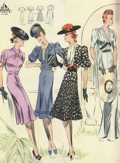 1940s French fashion plate dress illustration print ad vintage style war era WWII day wear black pink blue dots hat shoes purse glove white gown long 1930s Fashion Plates, Magazine Pictures, Parisienne Chic, Dress Illustration, Style Inspiration Spring, Vintage Spring