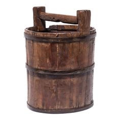 an old wooden barrel is shown on a white background