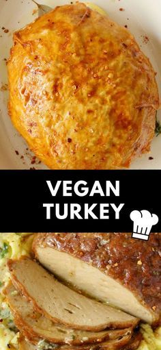 two pictures with different types of food and the words vegan turkey on them in white letters