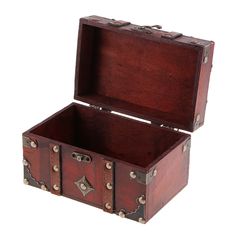 an open wooden box with metal handles