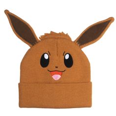 a brown beanie with ears and eyes