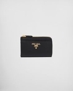 Black Saffiano Leather Keychain | PRADA Ring With Chain, Metal Lettering, Prada Collection, What In My Bag, Prada Saffiano, Keychain Wallet, Lettering Logo, Black Wallet, Prada Wallet