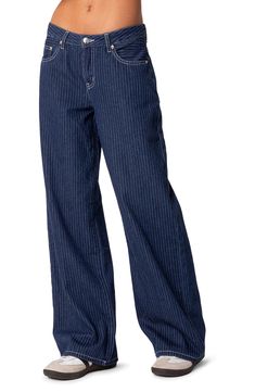 Polished pinstripes add a refined element to traditionally casual jeans cut with baggy wide legs in a Y2K-inspired low-rise silhouette. Zip fly with button closure Five-pocket style 100% cotton Machine wash, line dry Imported Thrift Inspo, Striped Denim, Awesome Sauce, Jeans Low Rise, Jeans Low, Striped Jeans, Mode Inspo, Low Rise Jeans, 가을 패션