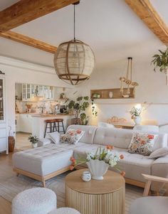 a living room filled with furniture and lots of plants on top of the couches