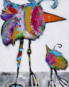 a painting of a colorful bird and its baby standing next to each other on a white background