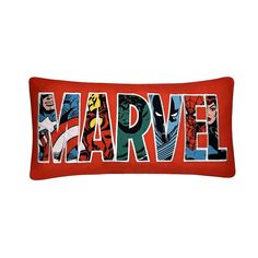 a red pillow with the word marvel printed on it's front and back sides