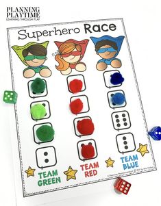 a printable superhero race game with dices on the side and two red dices next to it