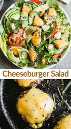 cheeseburger salad in a skillet with dressing on the side and an image of grilled burgers