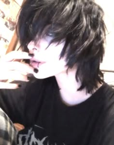 Guy Skunk Hair, Long Hair Glasses Man, Black White Hair Men, Mens Emo Hair, Messy Black Hair Guy, Gl2 Boy Hair, Male Emo Hair