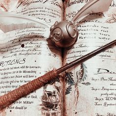 an old harry potter book with a wand and quill on it, next to a pen