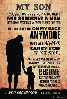 the silhouette of a man holding his child's hand with an inscription on it