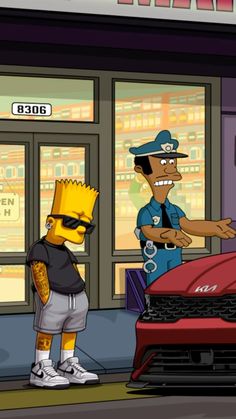 the simpsons characters are talking to each other in front of a red sports car that is being driven by a police officer