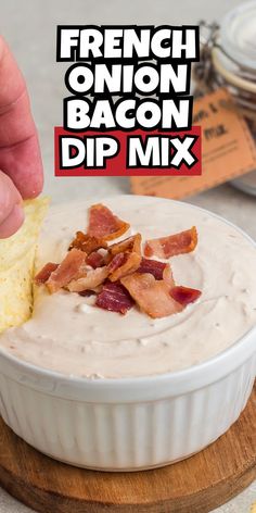 Creamy French onion dip recipe Bacon Sour Cream Dip, Venison Dip, Meat Dips For Parties, Bacon Onion Dip, Onion Bacon Dip, Bread Dips, Vidalia Onion Dip, Bacon Dip Recipes, French Onion Dip Recipe