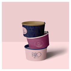 three cups stacked on top of each other with the words faro printed on them