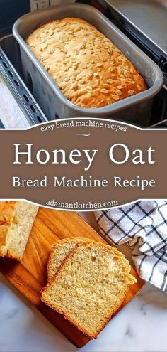 a loaf of honey oat bread sitting on top of a cutting board next to a pan