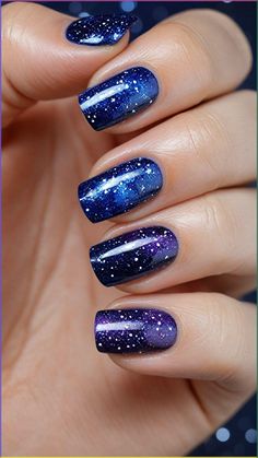 Constellation Nail Designs, Nails Galaxy Design, Galaxy Nails Designs, Blue Celestial Nails, Cosmos Nails, Milky Way Nails, Space Nails Galaxy, Aquarius Nails Designs, Blue Galaxy Nails