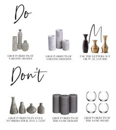 the different types of vases are shown in black and white, including one that says don't