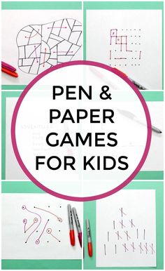 the words pen and paper games for kids are shown in four different pictures, including one with