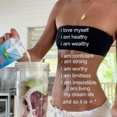 a woman pouring something into a blender with the words i love myself