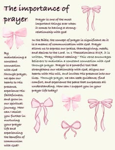 the importance of prayer paper with pink ribbons and bows on it, in front of a white background