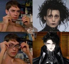 four pictures of the same man with different facial expressions and hair styles, one is wearing glasses