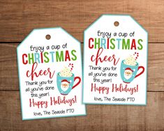 two christmas gift tags with the words enjoy a cup of christmas cheer and happy holidays