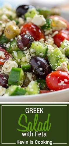 greek salad with feta and olives in a white bowl