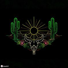 an image of a bull skull with cactus and sun in the background on a black background