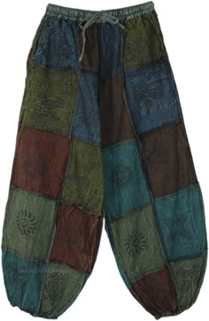 Deep-colored, casual, and stylish, these boho hippie pants with side pockets are perfect for your next adventure day out! The patchwork style has a harmonious combination of dark shades of browns and greens. The elastic drawstring waist ensures comfort, and the loose pants have assorted hippie-style symbols which look unique. #tlb #SplitSkirtsPants #Patchwork #JuniorPetite #bohemianfashion #Handmade #Patchworkcottonpants #hippieharempants Patchwork Hippie Pants, Boho Hippie Pants, Silly Clothes, Patchwork Pants, Estilo Hippy, Hippie Pants, Hippie Look, Hippie Style Clothing, Bohemian Handmade