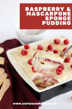 raspberry and mascarpone pudding in a white dish with a serving spoon