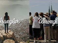 people standing at the top of a hill looking out over a city and water below