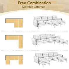 an image of a couch and ottoman with the text, free combination moveable sectional