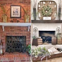 two pictures side by side one has a brick fireplace and the other has plants on it