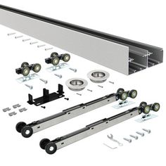 the front and rear parts of a sliding door with wheels, rollers, and hardware