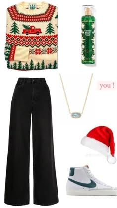 Outfit For Christmas Party In School, Christmas Vibe Outfit, Christmas Outfit Layout, Christmas Outfit Preppy, Christmas Sweater Outfit Ideas For Women, Cristmass Aesthetic Outfit, Christmas Preppy Outfits, Christmas Aesthetic Clothes, Pretty Christmas Outfits