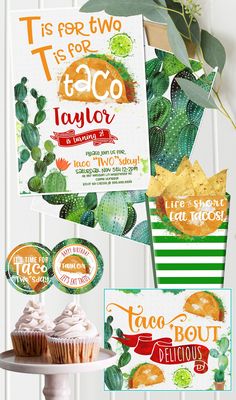 some taco themed party items are displayed on a white table with green and orange decorations