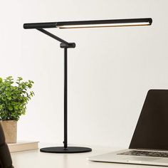 a desk lamp sitting on top of a table next to a laptop computer and potted plant