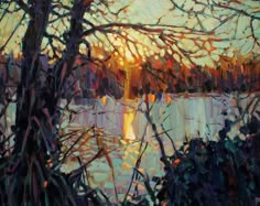 an oil painting of trees and water at sunset