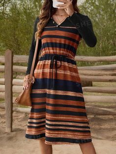 Type:A Line \nStyle:Casual \nHem Shaped:Flared \nWaist Line:High Waist \nDetails:Knot \nNeckline:V neck \nSleeve Type:Flare Sleeve \nColor:Multicolor \nPattern Type:Colorblock \nPattern Type:Striped \nPattern Type:Tribal \nPattern Type:All Over Print \nSleeve Length:Long Sleeve \nFit Type:Regular Fit \nLength:Knee Length \nMaterial:Knitted Fabric \nComposition:95% Polyester \nComposition:5% Elastane \nCare Instructions:Machine wash or professional dry clean \nSheer:No \nFabric:High Stretch \nBody:Unlined \n Fall Stripes, Long Sleeve Short Dress, Women Midi, Womens Midi Dresses, Womens Fall, Midi Dresses, Flared Sleeves, Stripe Print, Short Dress