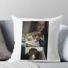 two pictures of the same person holding a baby and kissing each other on their forehead throw pillow