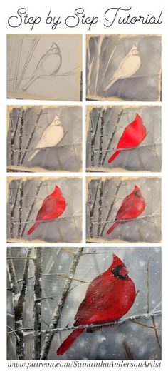 Easy Snowy Winter Red Cardinal palette knife acrylic painting tutorial How To Paint Cardinals, Diy Oil Paint, Acrylic Bird Painting Easy, Easy Bird Painting Acrylics Step By Step, Easy Cardinal Painting, How To Paint A Cardinal, Watercolor Birds Tutorial Step By Step How To Paint, December Painting Ideas, How To Paint A Cardinal Step By Step