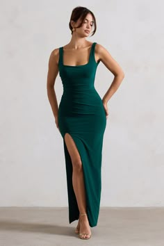 Kate | Bottle Green Square Neck Maxi Dress with Plunge Back and Side Thigh Split Midi Bridesmaid Dress, Green Square