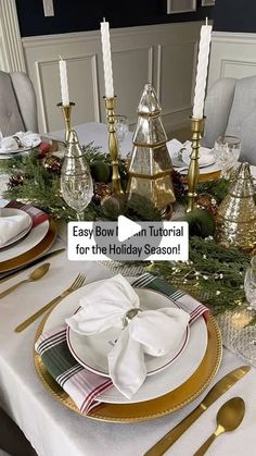 the table is set with gold and white dishes