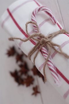 a napkin wrapped in twine and tied with rope