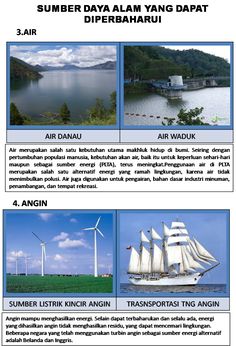 an advertisement with pictures of wind turbines and boats in the water, on top of each other