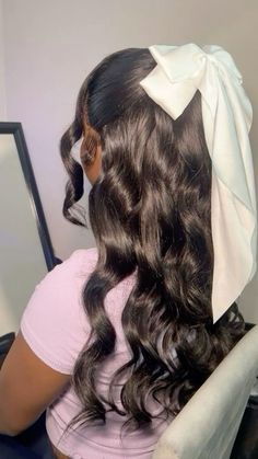 Wig Hairstyles For Birthday Girl Black, Flat Iron Curls Half Up Half Down, Sweet 16 Wig Hairstyles, Black Girls Hairstyles Aesthetic, Hairstyles For Birthday Girl Black 12, Half Up Half Down With White Bow, Half Up Half Up Hairstyles, Hairstyles For 5th Grade Graduation, Back To School Hairstyles With Bow