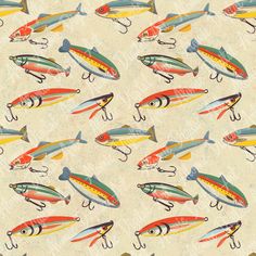 colorful fishing lures and hooks on a cream colored background with an old - fashioned pattern