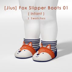 the legs and feet of a child wearing slippers with an orange fox on them