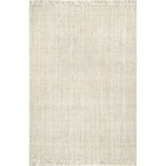 a white rug with fringes on the bottom and one side, in front of a white